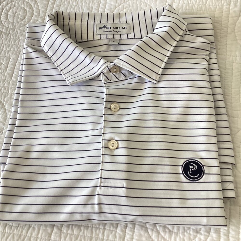Peter Millar Summer Comfort Polo Shirt XL White & Navy Striped Short Sleeve Mens